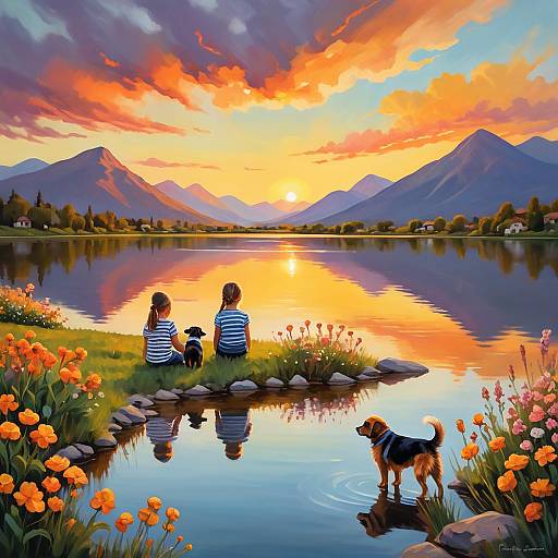 Tranquil Sunset Scene with Children and Dog