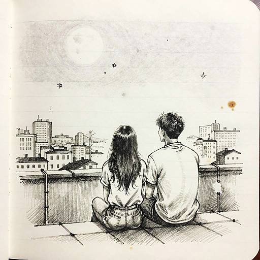 Couple on Moonlit Rooftop Sketch