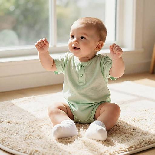 Infant Boy in Green Romper by Window