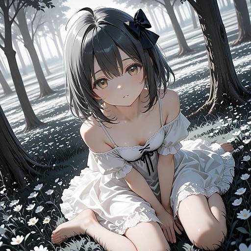 Monochrome Meadow: Grey-Haired Girl in Dress