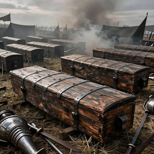 Photograph of rustic wooden treasure chests with metal bands, lined up on dry grass, surrounded by smoke and medieval tents.