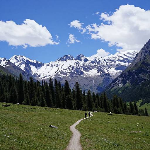Photograph of a mountainous landscape with a winding dirt path leading to snow-capped peaks under a bright blue sky with white clouds. Two small figures