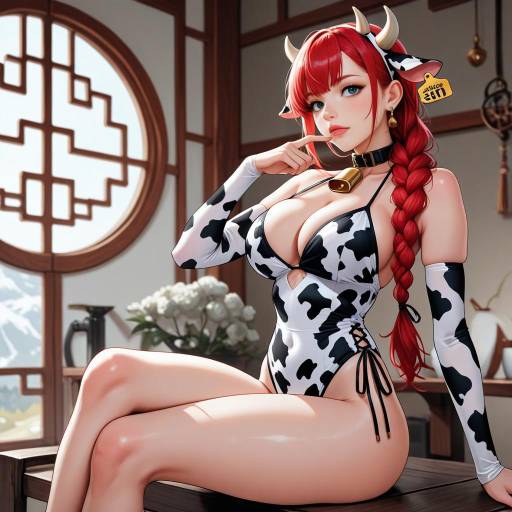 Cute Cow-Themed Girl in Swimsuit