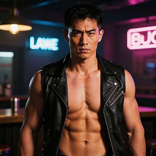 Photograph of a muscular, shirtless Asian man with short black hair wearing a black leather vest, standing in a dimly lit bar with neon signs