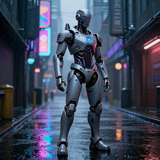 Cybernetic Humanoid in Neon City Alley