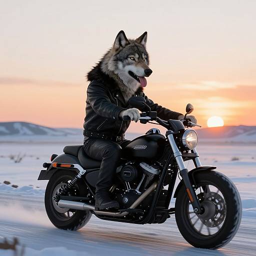 Anthropomorphic wolf in black leather jacket riding a motorcycle against a snowy sunset landscape, tongue out, wearing black pants, and glowing headlights. Digital art