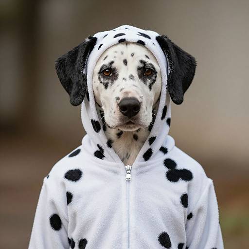 Photograph of a Dalmatian dog wearing a white hoodie with black spots, matching its own coat, standing against a blurred outdoor background.