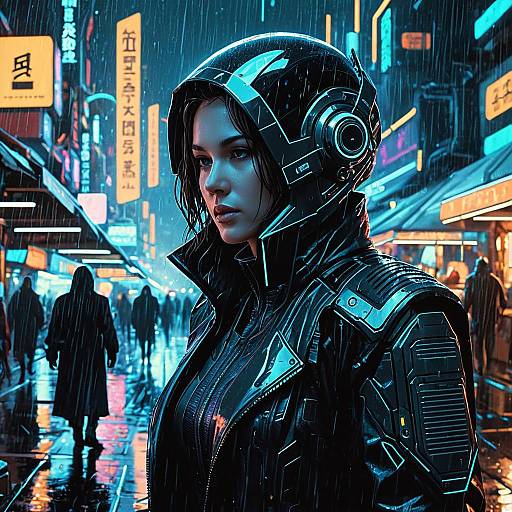 Stealthy Android in Futuristic Rainy Marketplace