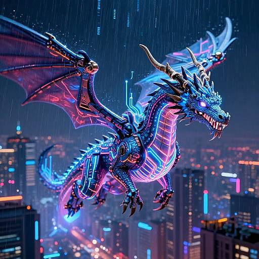 Glowing blue and pink neon dragon flies through a rainy, neon-lit cityscape at night, wings spread, sharp claws extended. CGI artwork
