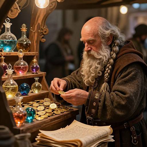 Photograph of an elderly, white-bearded alchemist in a brown robe, examining gold coins and glowing potions at a wooden stall.
