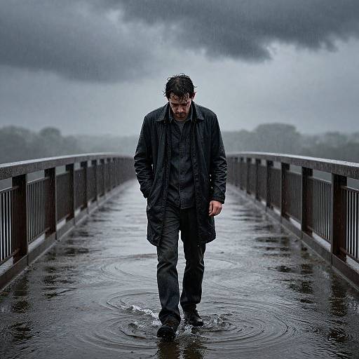 Melancholy Man Alone on Rainy Bridge