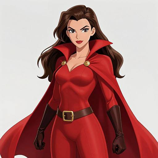 Digital anime-style drawing of a confident, fair-skinned woman with long brown hair, wearing a red form-fitting suit, black gloves, and a