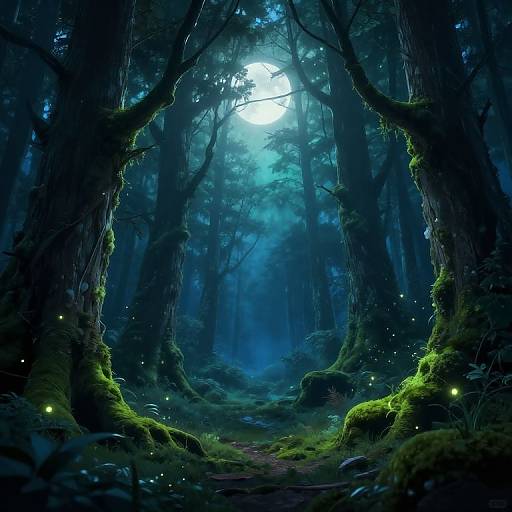 Mysterious, moonlit forest path framed by towering, moss-covered trees, with glowing fireflies and ethereal blue light filtering through dense foliage. Digital