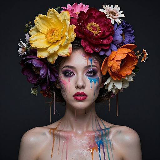 Photograph-style digital art of a pale-skinned woman with vibrant flower crown, colorful paint drips on face and chest, against black background.