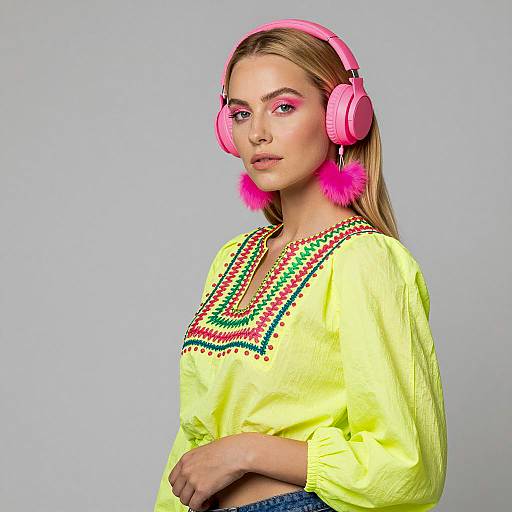 Woman with Neon Headphones and Embroidered Top