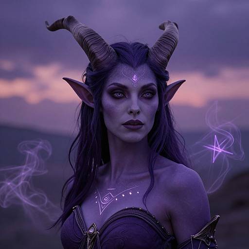 Digital art of a mystical, purple-hued demoness with large horns, pointed ears, glowing star tattoos, and smoky magical effects, set against