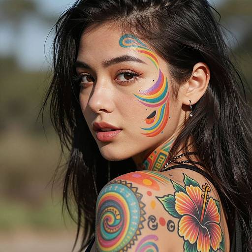 Photograph of a young woman with long black hair, colorful face paint swirls, and intricate floral and spiral tattoos on her shoulder, looking over her