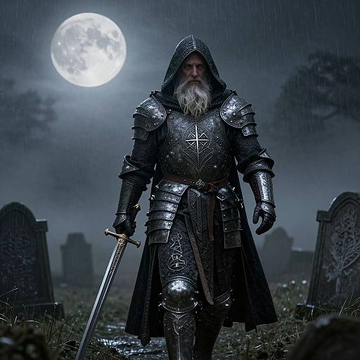 Photograph of a bearded, armored knight with a hood, holding a sword, standing in a rainy cemetery under a bright full moon.