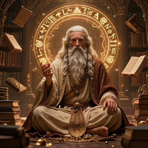 Digital illustration of an elderly wizard with a long white beard, sitting cross-legged in a library, surrounded by floating books, under a glowing magical circle.