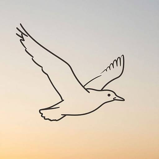 Simple black line drawing of a bird in flight against a gradient background of blue and orange. Minimalist style.