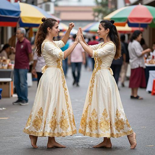Photograph of two women in white, gold-embroidered traditional dresses, barefoot, dancing and clapping in a colorful, bustling outdoor market