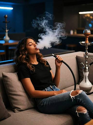 Cozy Hookah Lounge Woman Smoking Shisha