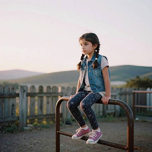 Photograph of young Asian girl with braided hair, wearing denim vest, polka-dot leggings, and pink sneakers, sitting on playground bar. Background