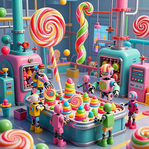 Vibrant CGI image of colorful robotic candy makers assembling rainbow swirl lollipops in a candy factory with retro machinery.