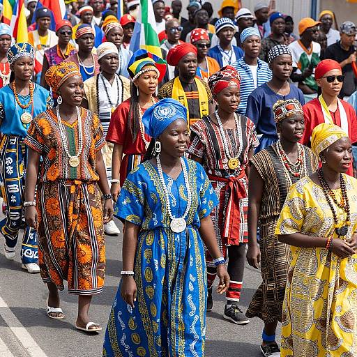 Photograph of a vibrant African parade featuring diverse women in colorful, traditional dresses and headwraps, marching on a city street.