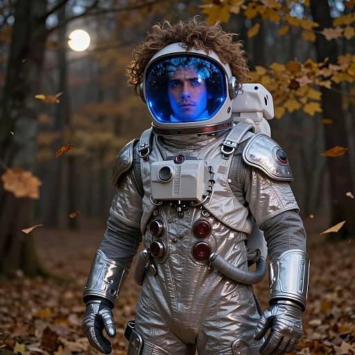 Photograph of a person in a silver space suit with a reflective helmet, curly hair, standing in a forest with fallen autumn leaves, moonlight illumin