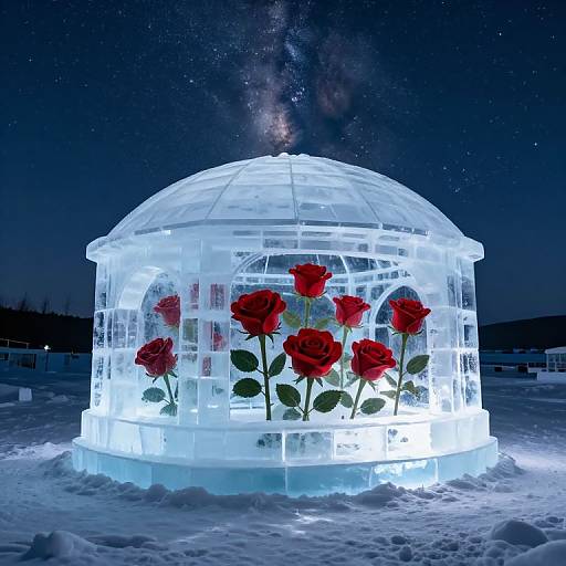 Photograph of a glowing, transparent ice greenhouse with red roses inside, set against a starry night sky and snowy ground.