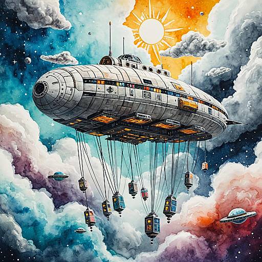 Watercolor Spaceship in Solarpunk Sky