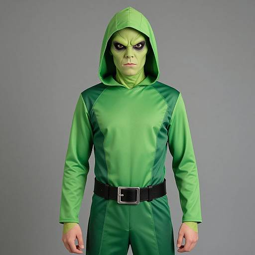 Photograph of a man in a green hooded costume with green face paint and black eye makeup, standing against a gray background, wearing a black belt