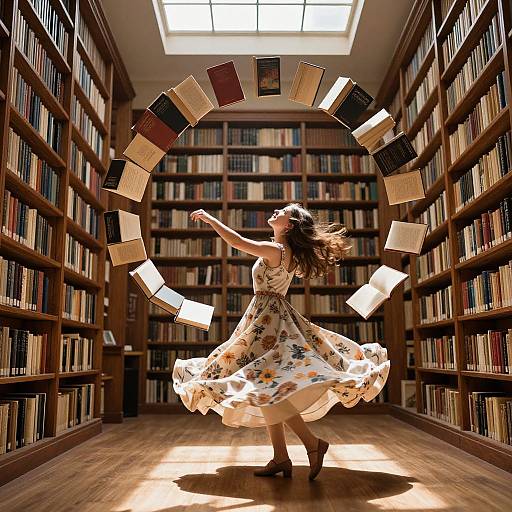 Photograph of a woman in a floral dress, dancing in a sunlit library, books floating above her head between tall wooden bookshelves.