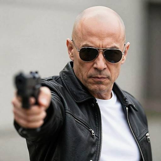 Intense Bald Man with Gun Close-up