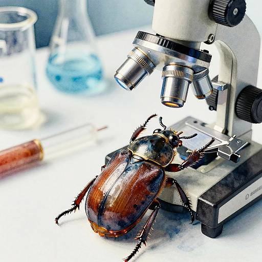 Photograph of a shiny brown beetle on a microscope slide, with a laboratory background including a blurred glass beaker and wooden tool.