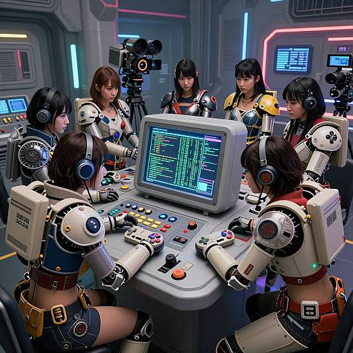 Digital CGI artwork of six anime-style women in futuristic robotic armor, operating a neon-lit control console with a holographic interface.