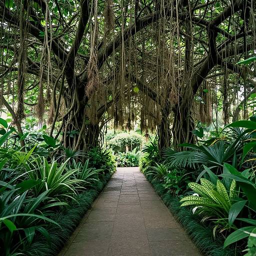 Photograph of a lush, green garden path flanked by dense, hanging Spanish moss-covered trees and vibrant ferns, with sunlight filtering through the foliage
