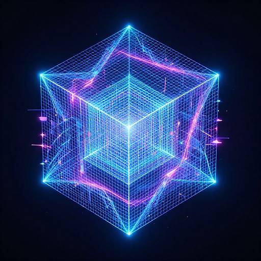 Neon blue and pink glowing 3D wireframe cube with grid lines on a black background, digital art style.
