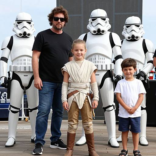 Photograph of a bearded man in black shirt and jeans, standing with a young girl in Han Solo attire, and a boy in white t-shirt