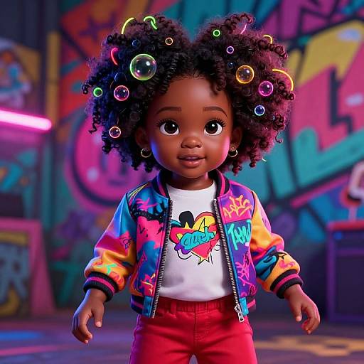 Photorealistic CGI of a dark-skinned, curly-haired toddler in vibrant graffiti-themed jacket, white shirt, red pants, with colorful bubble hair accessories