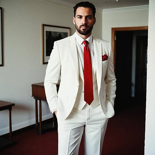 Groom in White Suit with Red Tie