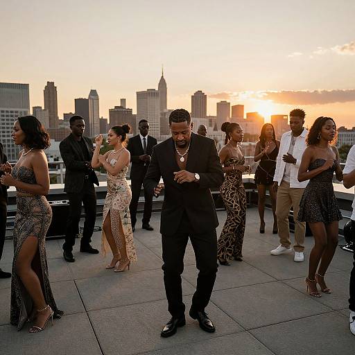 Photograph of diverse, stylishly dressed individuals dancing on a rooftop at sunset, with a city skyline and orange sky in the background.
