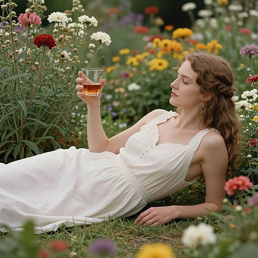 Photograph of a fair-skinned woman with wavy brown hair in a white sundress, reclining in a vibrant garden, holding a glass of