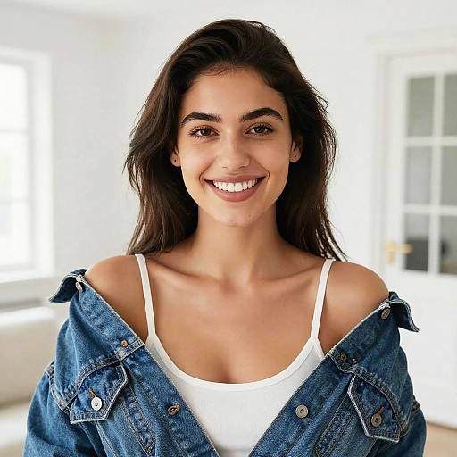Photograph of a smiling young woman with long dark hair, wearing a white tank top and blue denim jacket, with a bright, blurred indoor background.