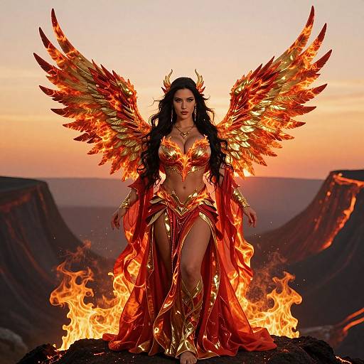 Digital art of a fiery-winged, dark-haired woman in glowing red and gold armor, standing amid flames, with a sunset sky and rocky cliffs in