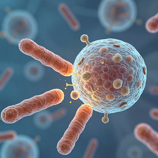 Digital CGI image of a glowing, textured virus with three red, tube-like projections, surrounded by blurred, translucent viruses on a blue background.