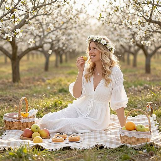 Photograph of a smiling blonde woman with a floral crown, wearing a white dress, sitting on a checkered blanket in an apple orchard, eating