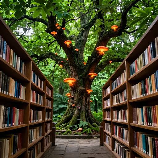 Mystical Library with Glowing Tree