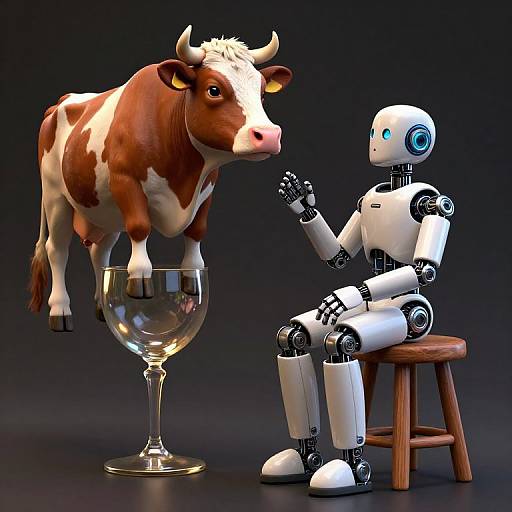 CGI image: A white and brown cow standing in a glass goblet faces a white robotic humanoid seated on a wooden stool against a dark background.
